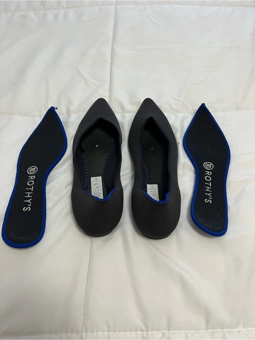 Rothy's Pointed Knit Flats in Charcoal with Blue Trim